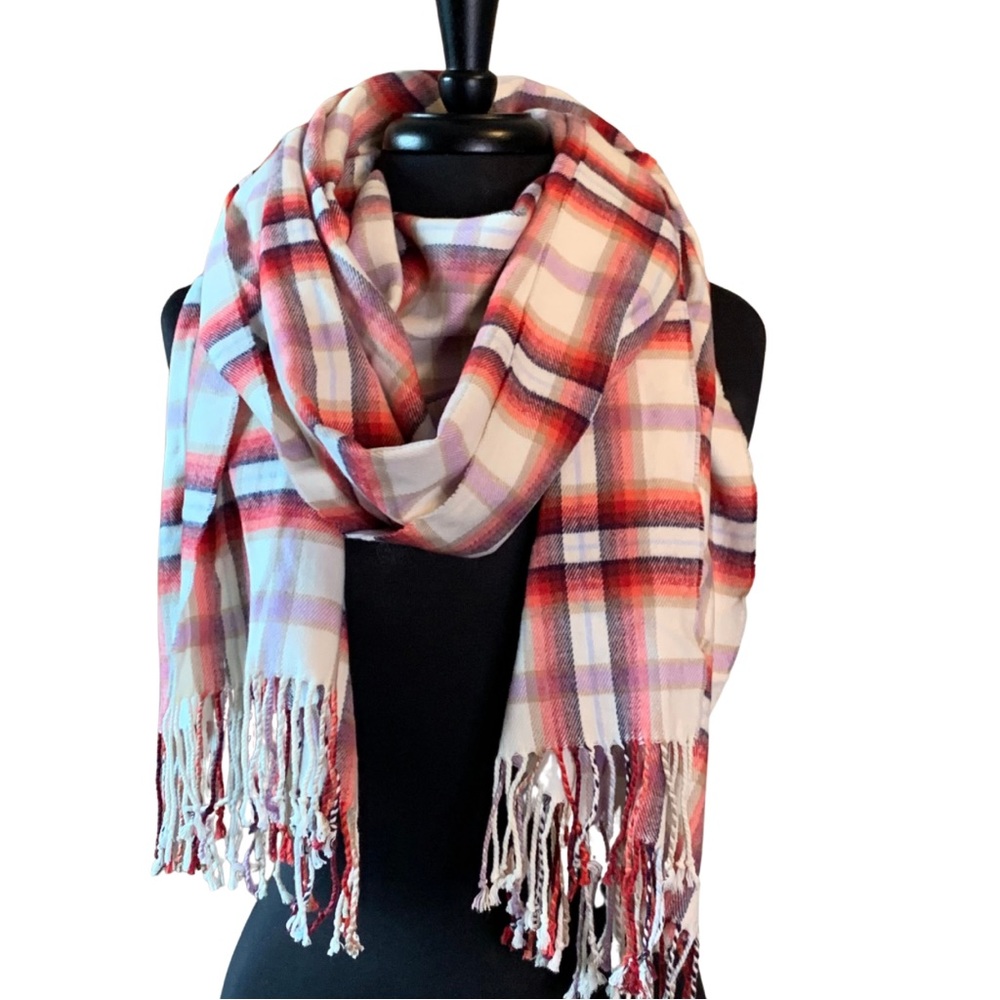 GAP Plaid Flannel Scarf Fringe Red White